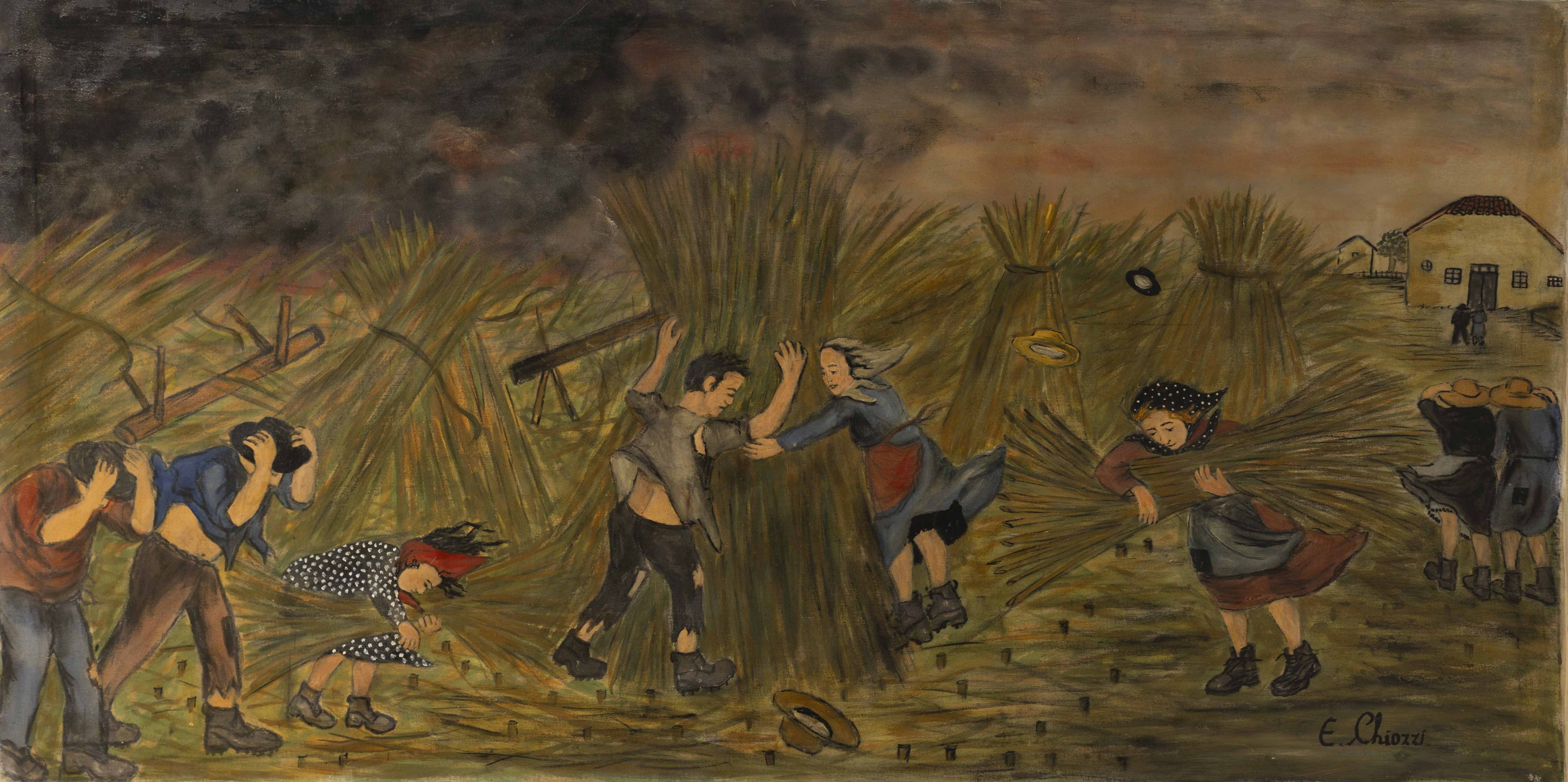 Fig. 7. Ermanna Chiozzi, <i>Temporale durante la raccolta della canapa</i>, tecnica mista su tela, 65x124 cm, Collezione privata.
